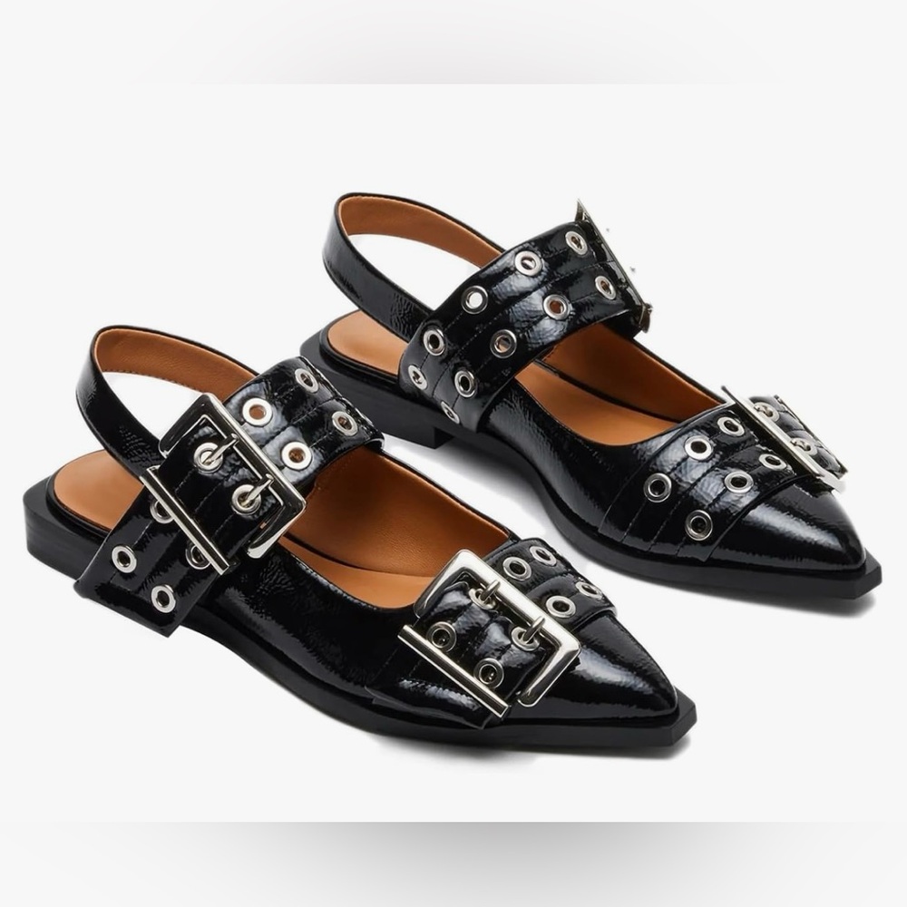 NWOB Aimery Buckle Wide Ballet Slingback Slat Shoes, Black, 37 (6.5/7)